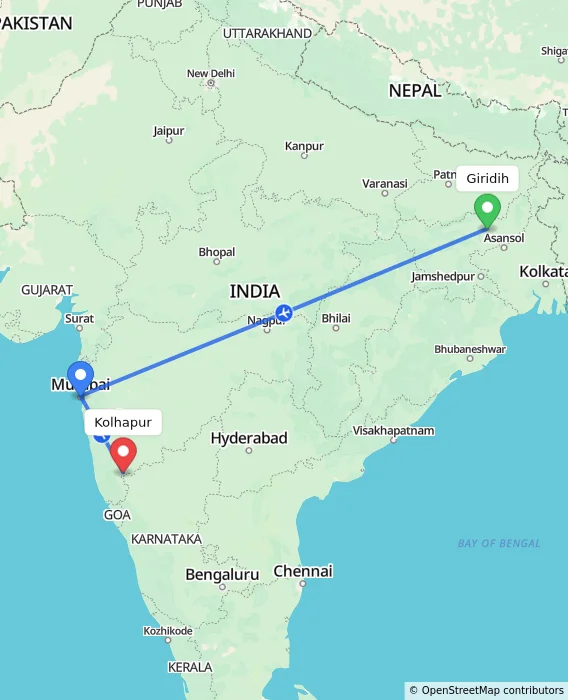 Route map showing distance and travel time from Giridih, India to Kolhapur, India