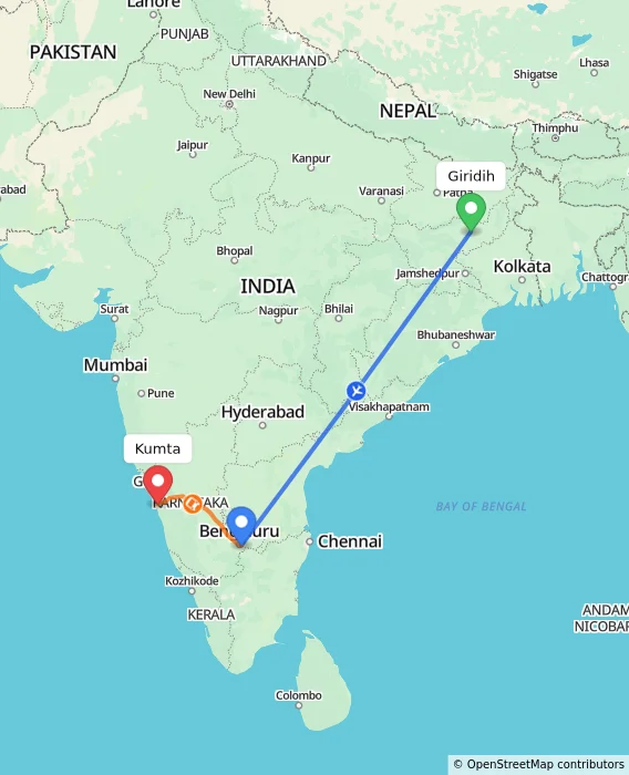 Route map showing distance and travel time from Giridih, India to Kumta, India