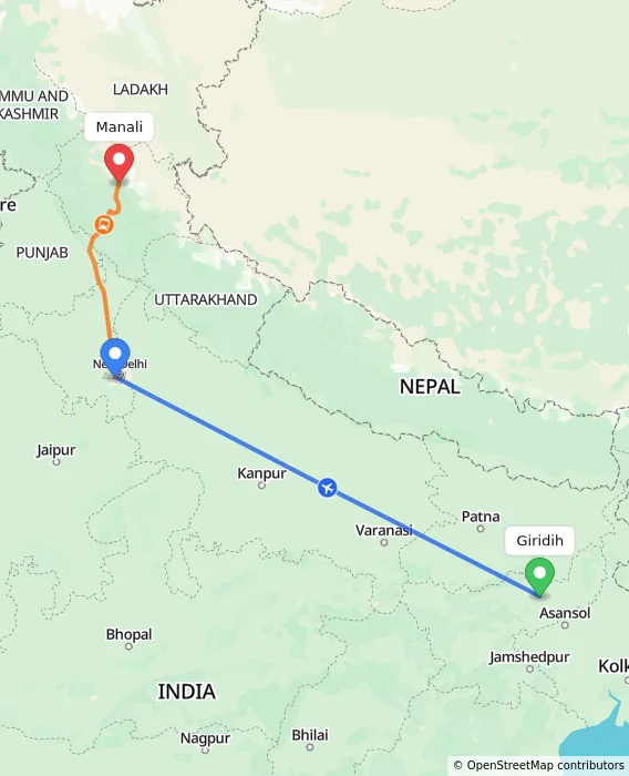 Route map showing distance and travel time from Giridih, India to Manali, India