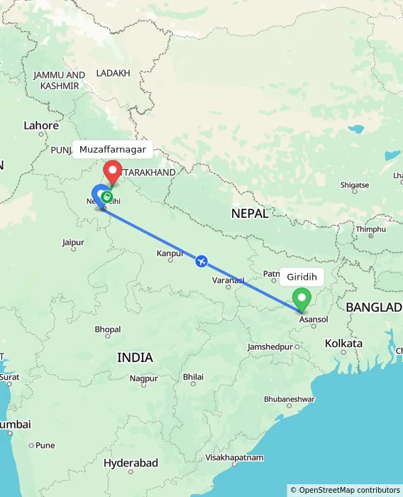 Route map showing distance and travel time from Giridih, India to Muzaffarnagar, India