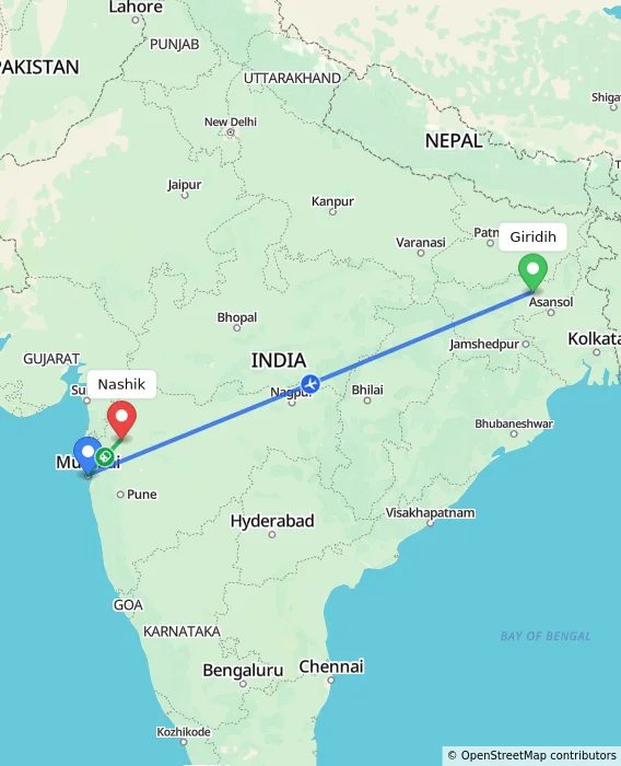 Route map showing distance and travel time from Giridih, India to Nashik, India