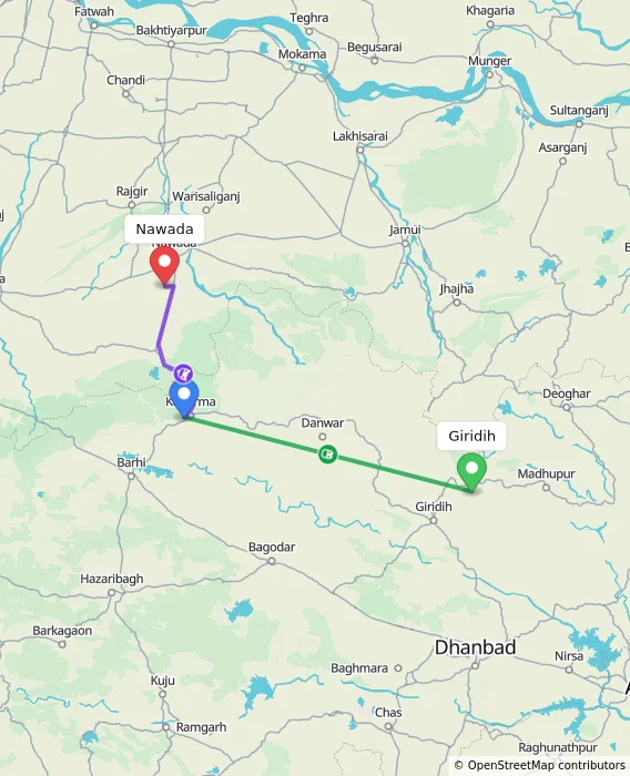 Route map showing distance and travel time from Giridih, India to Nawada, India