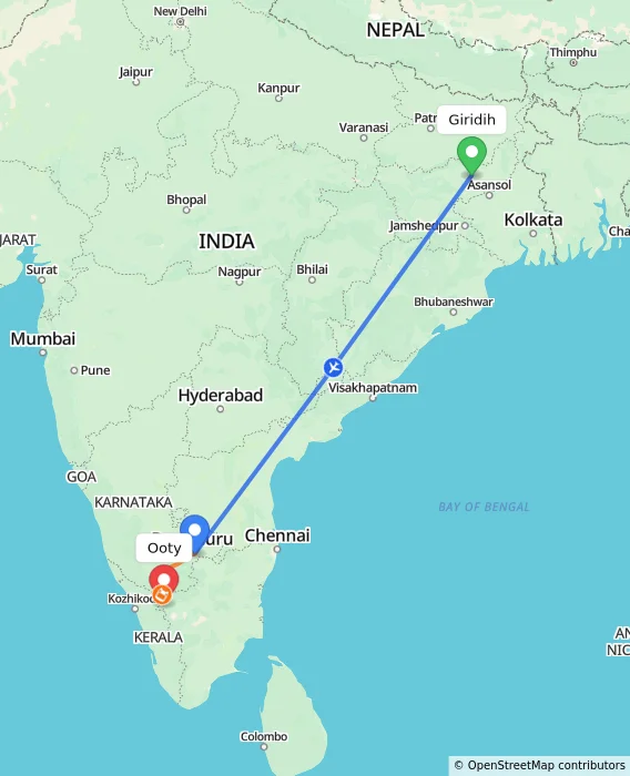Route map showing distance and travel time from Giridih, India to Ooty, India