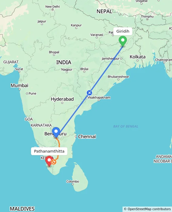 Route map showing distance and travel time from Giridih, India to Pathanamthitta, India