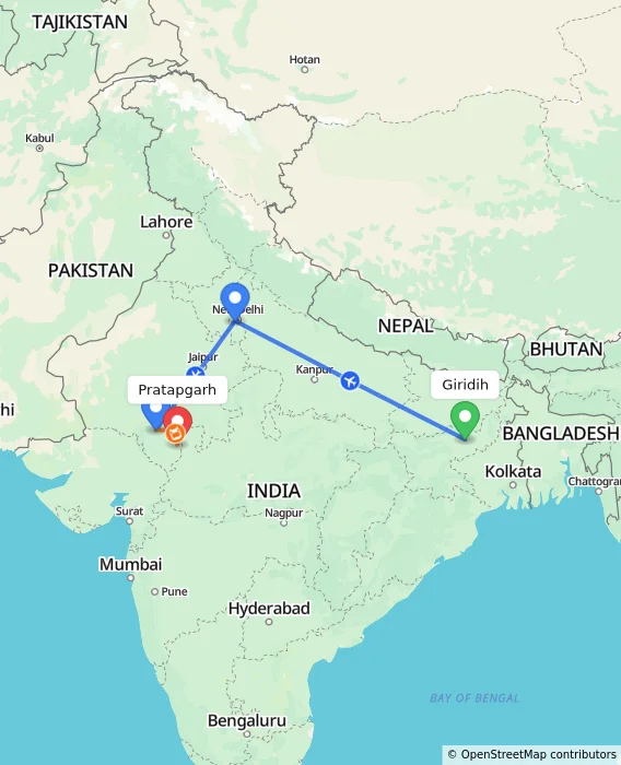 Route map showing distance and travel time from Giridih, India to Pratapgarh, India