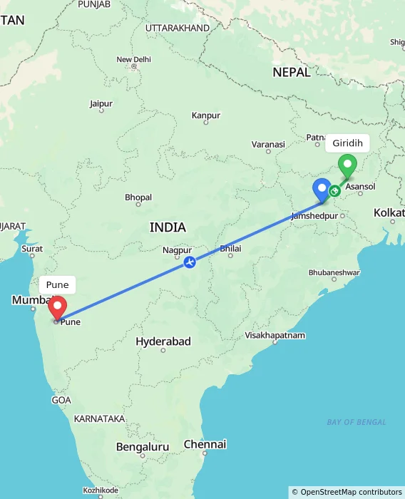 Route map showing distance and travel time from Giridih, India to Pune, India