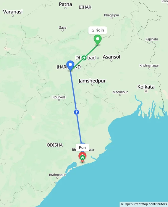 Route map showing distance and travel time from Giridih, India to Puri, India