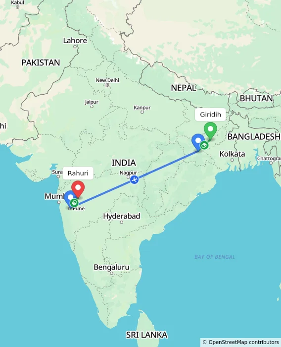 Route map showing distance and travel time from Giridih, India to Rahuri, India