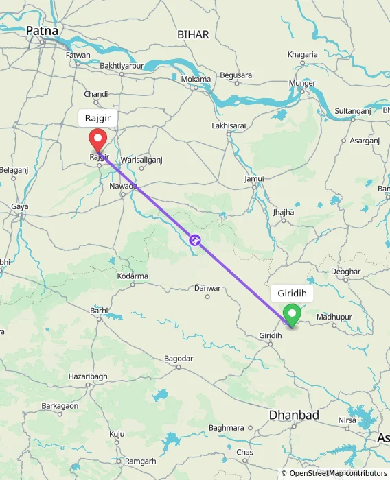 Route map showing distance and travel time from Giridih, India to Rajgir, India