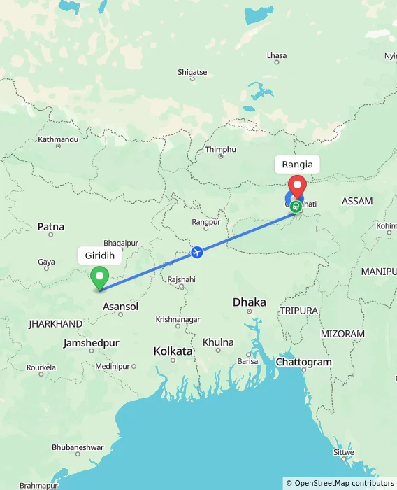 Route map showing distance and travel time from Giridih, India to Rangia, India
