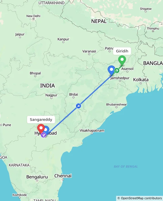 Route map showing distance and travel time from Giridih, India to Sangareddy, India