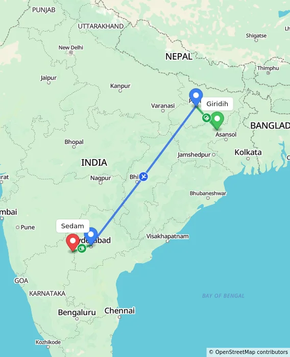 Route map showing distance and travel time from Giridih, India to Sedam, India