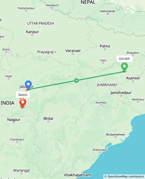 Route map showing distance and travel time from Giridih, India to Seoni, India