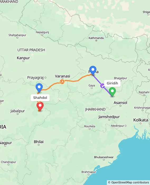 Route map showing distance and travel time from Giridih, India to Shahdol, India