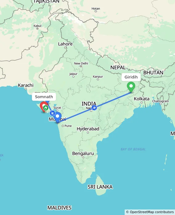 Route map showing distance and travel time from Giridih, India to Somnath, India