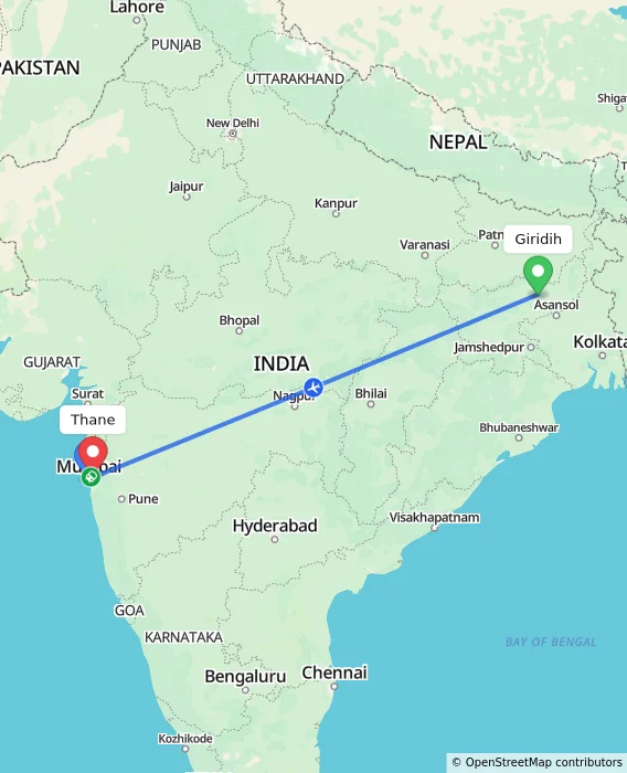 Route map showing distance and travel time from Giridih, India to Thane, India
