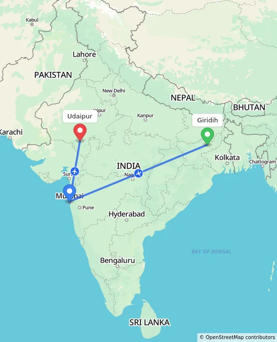 Route map showing distance and travel time from Giridih, India to Udaipur, India