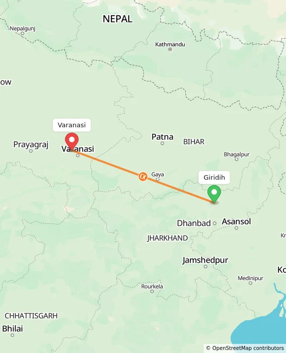 Route map showing distance and travel time from Giridih, India to Varanasi, India