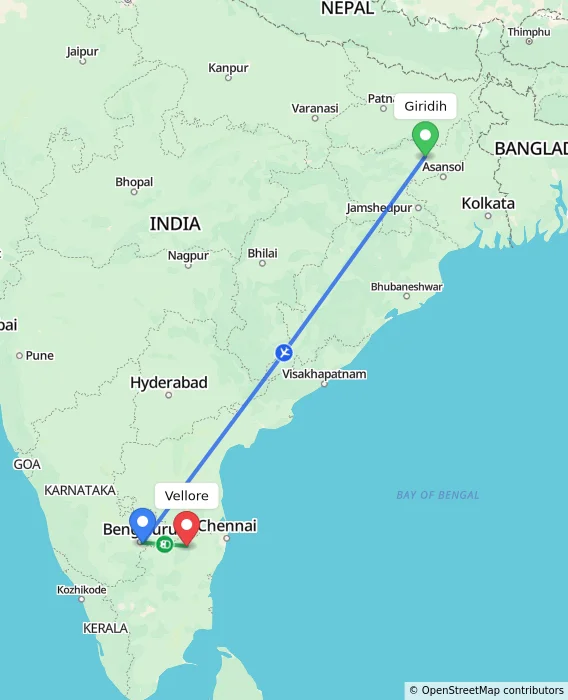 Route map showing distance and travel time from Giridih, India to Vellore, India