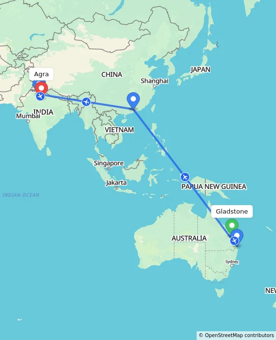 Route map showing distance and travel time from Gladstone, Australia to Agra, India