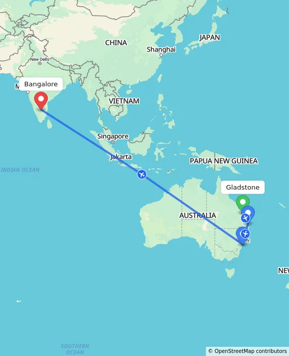 Route map showing distance and travel time from Gladstone, Australia to Bangalore, India
