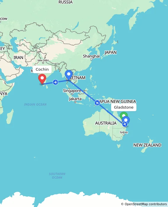 Route map showing distance and travel time from Gladstone, Australia to Cochin, India