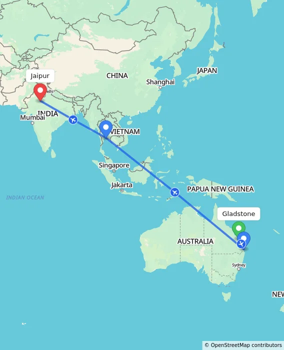 Route map showing distance and travel time from Gladstone, Australia to Jaipur, India