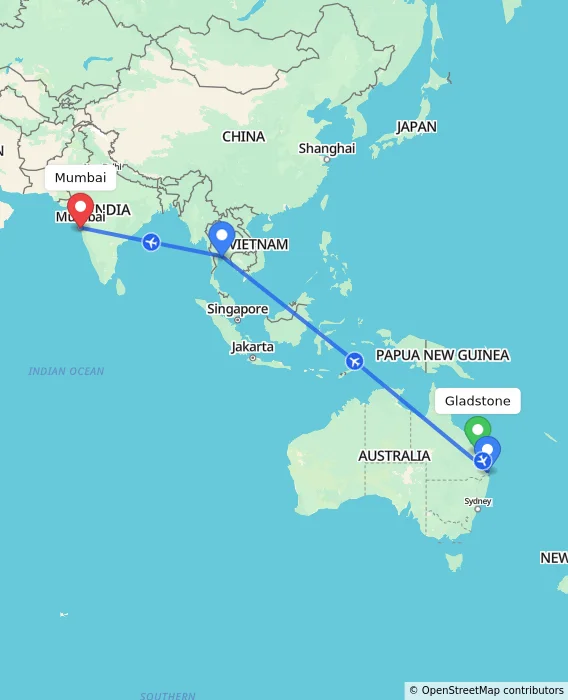 Route map showing distance and travel time from Gladstone, Australia to Mumbai, India