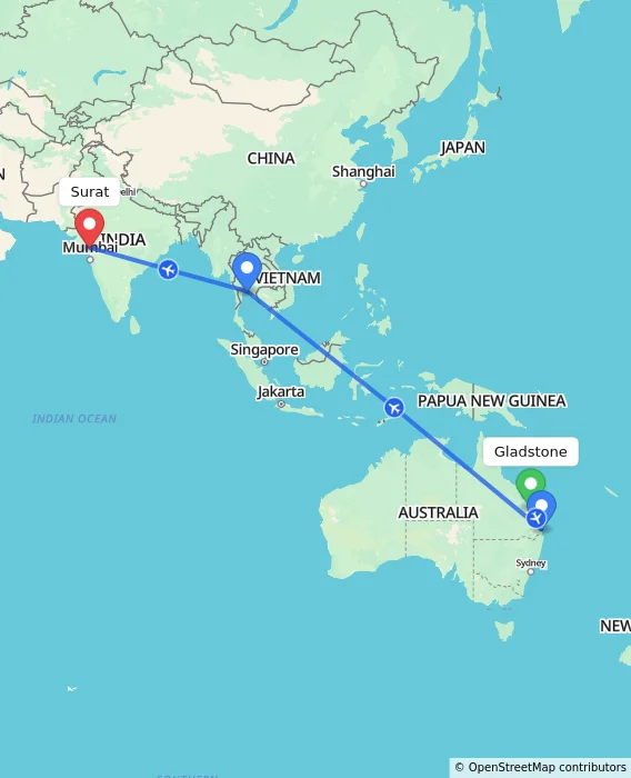 Route map showing distance and travel time from Gladstone, Australia to Surat, India