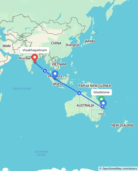Route map showing distance and travel time from Gladstone, Australia to Visakhapatnam, India