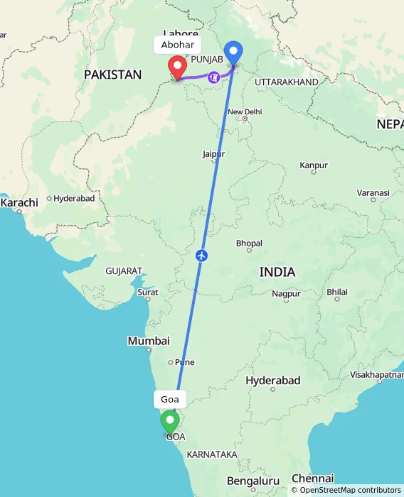 Route map showing distance and travel time from Goa, India to Abohar, India