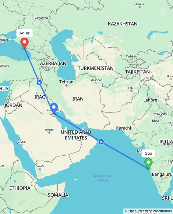Route map showing distance and travel time from Goa, India to Adler, Russian Federation