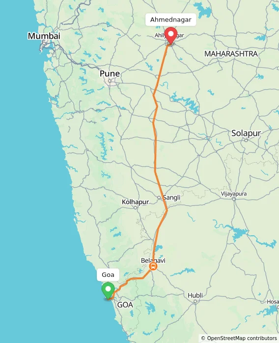 Route map showing distance and travel time from Goa, India to Ahmednagar, India