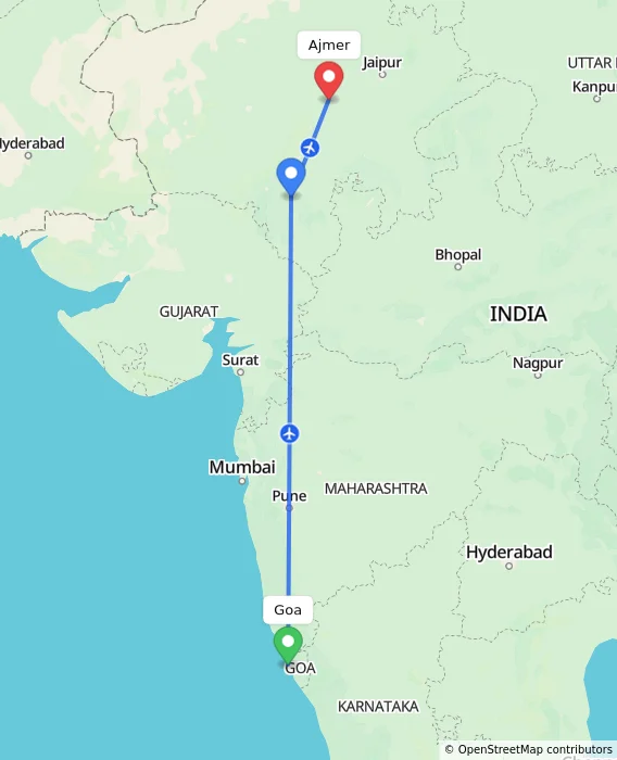 Route map showing distance and travel time from Goa, India to Ajmer, India