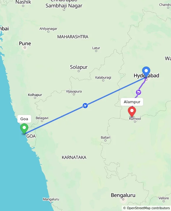 Route map showing distance and travel time from Goa, India to Alampur, India