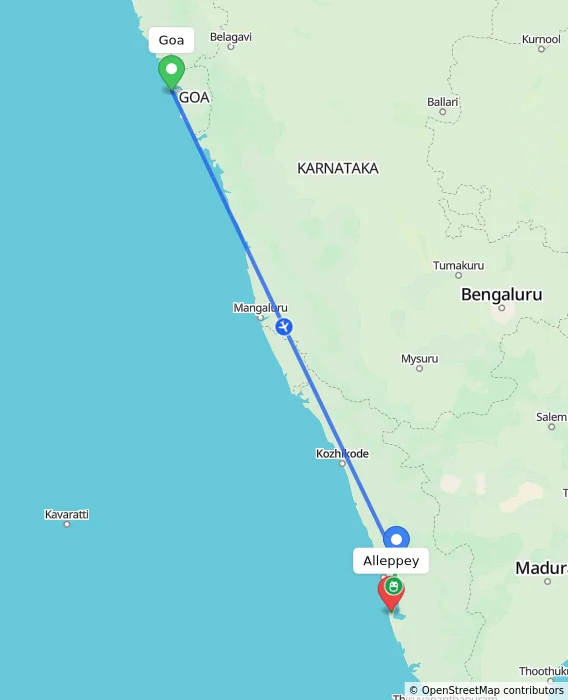 Route map showing distance and travel time from Goa, India to Alappuzha, India