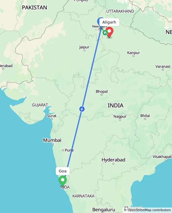Route map showing distance and travel time from Goa, India to Aligarh, India