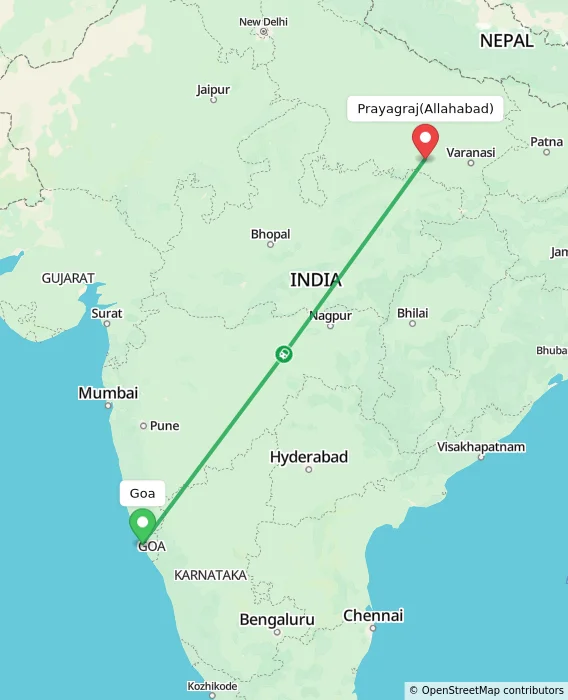 Route map showing distance and travel time from Goa, India to Allahabad, India