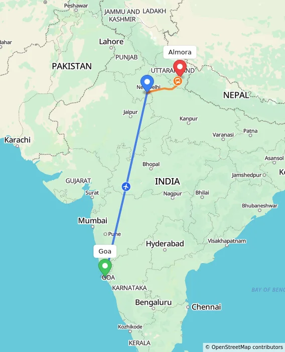 Route map showing distance and travel time from Goa, India to Almora, India
