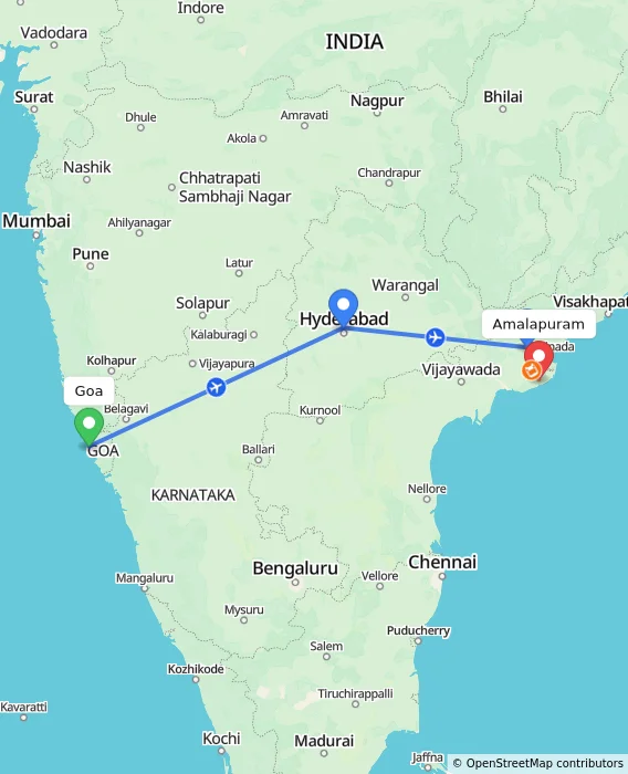 Route map showing distance and travel time from Goa, India to Amalapuram, India
