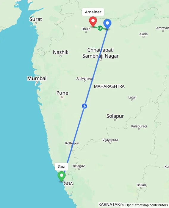 Route map showing distance and travel time from Goa, India to Amalner, India