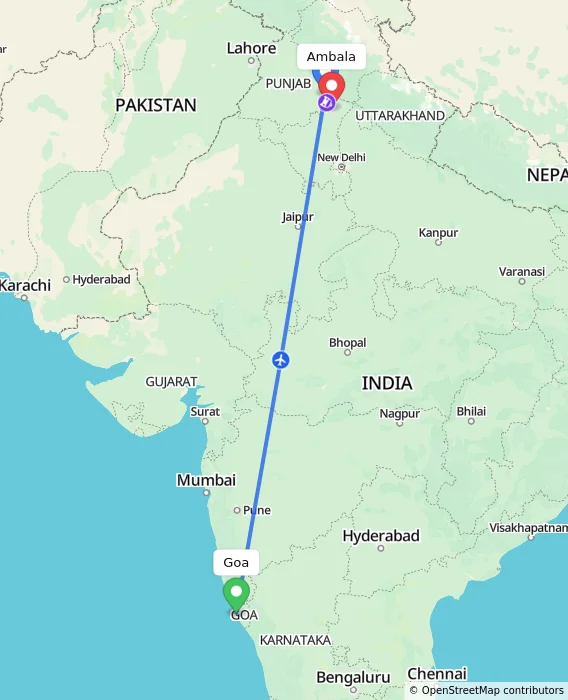 Route map showing distance and travel time from Goa, India to Ambala, India