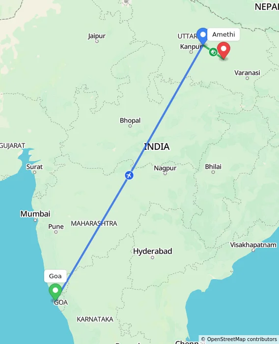 Route map showing distance and travel time from Goa, India to Amethi, India