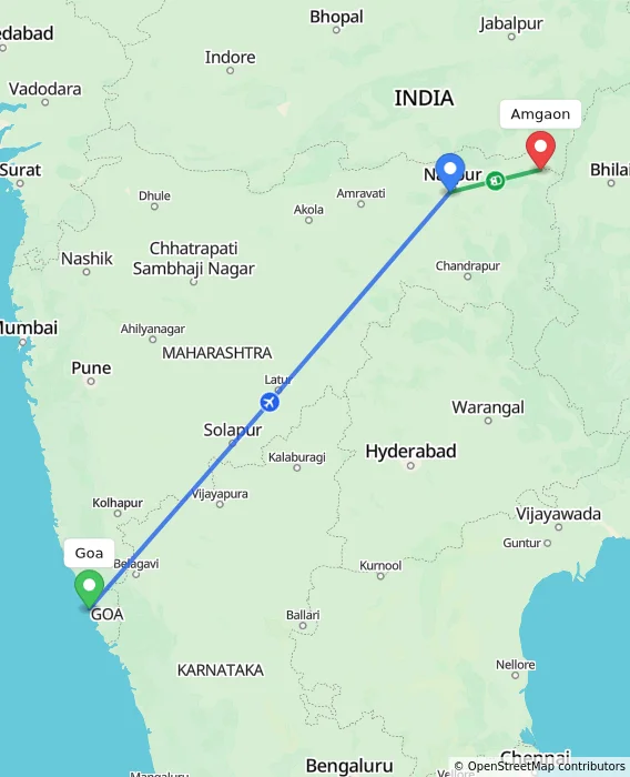 Route map showing distance and travel time from Goa, India to Amgaon, India