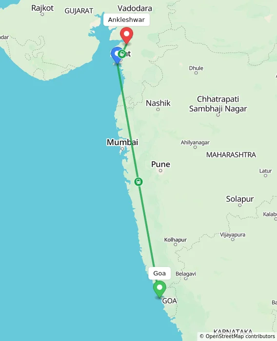 Route map showing distance and travel time from Goa, India to Ankleshwar, India