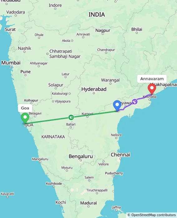 Route map showing distance and travel time from Goa, India to Annavaram, India