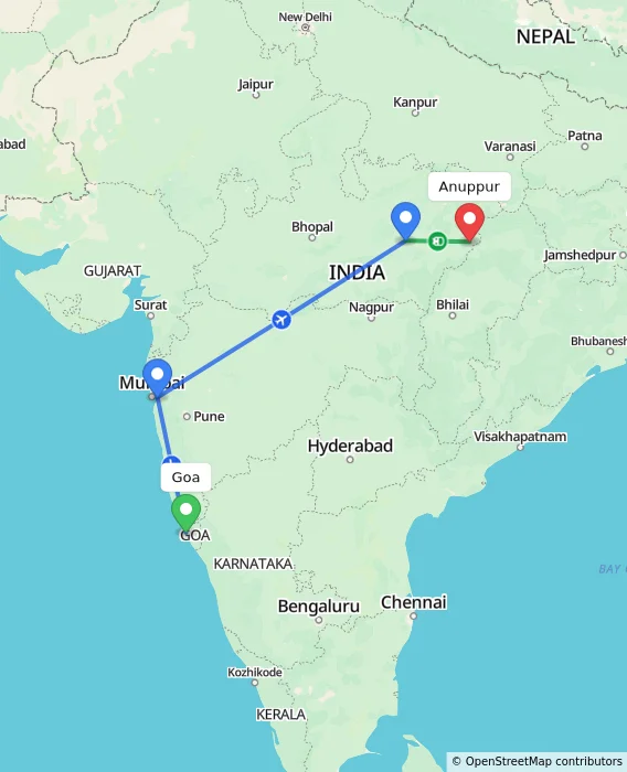 Route map showing distance and travel time from Goa, India to Anuppur, India