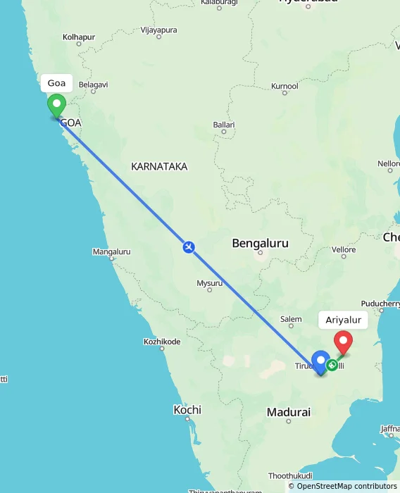 Route map showing distance and travel time from Goa, India to Ariyalur, India