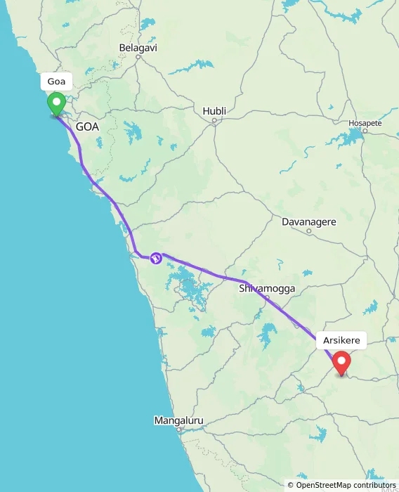 Route map showing distance and travel time from Goa, India to Arsikere, India