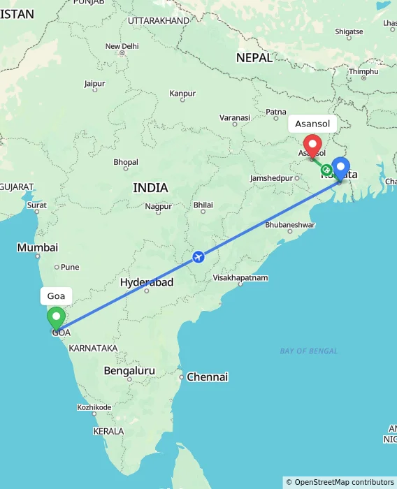 Route map showing distance and travel time from Goa, India to Asansol, India